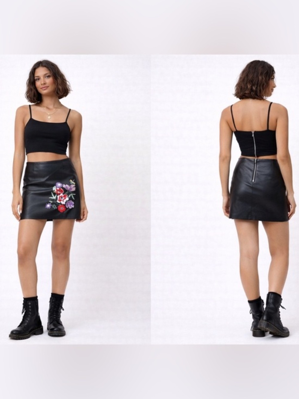 H&M Faux Leather Embroidered Mini Skirt Size 8 Black Floral Y2K Boho Edgy